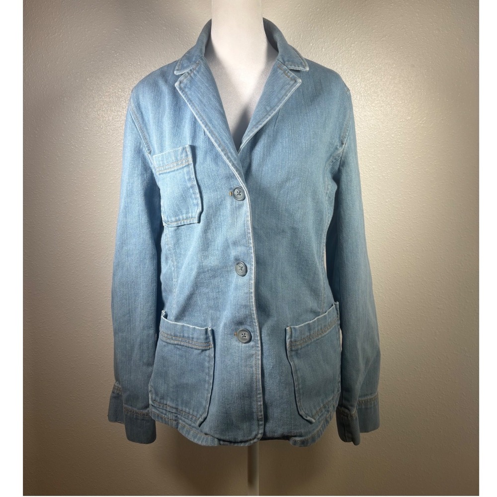 Light Wash Denim Blazer Y2K 3-Button Jean Jacket Patch Pockets Gap Womens XL Vtg